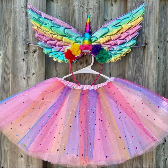 NWOT LED Rainbow Sparkle 4 full layer tutu LED light unicorn hairband wings set - Picture 4 of 11